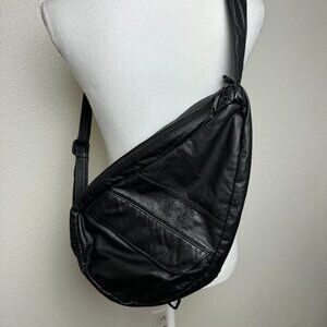 Vintage Black Leather Large Crossbody Sling Bag Organizer  Messenger Travel